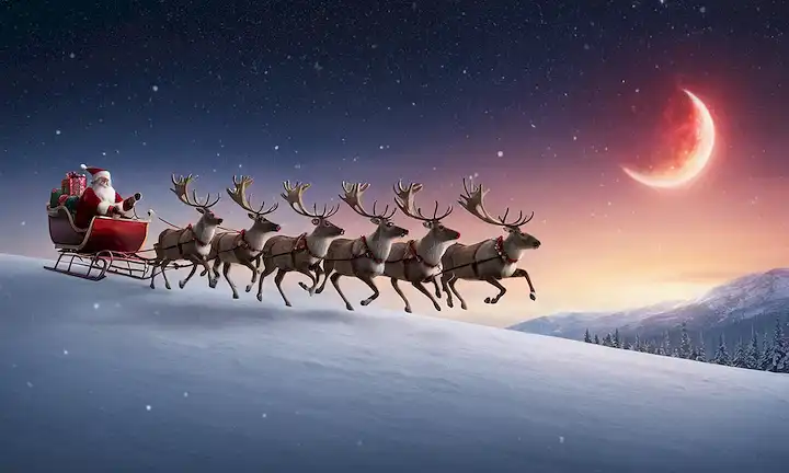 7 renos con narices rojas brillantes, en vuelo medio del aire, contra un cielo nocturno estrellado, rodeado de copos de nieve festivos, con trineo de Santas y una luna crescente en el fondo