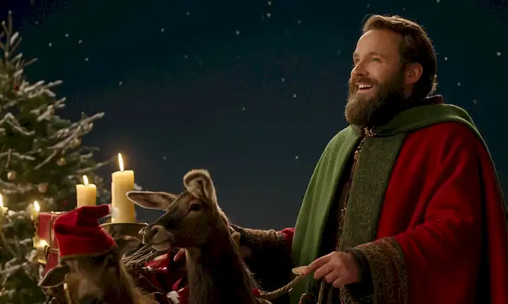 Un hombre barbudo en rojo, con una cálida sonrisa, con un manto verde, rodeado de copos de nieve, velas y celos festivos, de pie junto a un trineo lleno de juguetes, en medio de un paisaje invernal de las maravillas, con el pastoreo de renos cerca, bajo un cielo nocturno estrellado