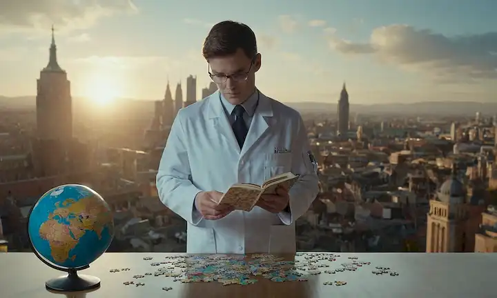 3D rendering of a person in a lab coat holding a small object with a puzzle piece setting into place, surrounded by disperseed books and papers, with a dark outlined of a cityscape or a Globe in the background, hinting at the open problem being resolved