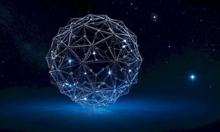 ilustración 3D de una esfera con facetas dodecahedron pentagonal, rodeada de esferas más pequeñas y formas poliedral, flotando en un fondo azul oscuro con estrellas y galaxias sutiles; patrones y colores intrincados en las esferas y formas para representar conceptos matemáticos; movimiento dinámico implícito por las esferas giratorias