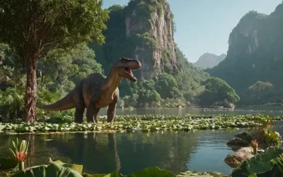 Un paisaje prehistórico con un enorme dinosaurio carnívoro