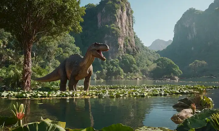 Un paisaje prehistórico con un enorme dinosaurio carnívoro