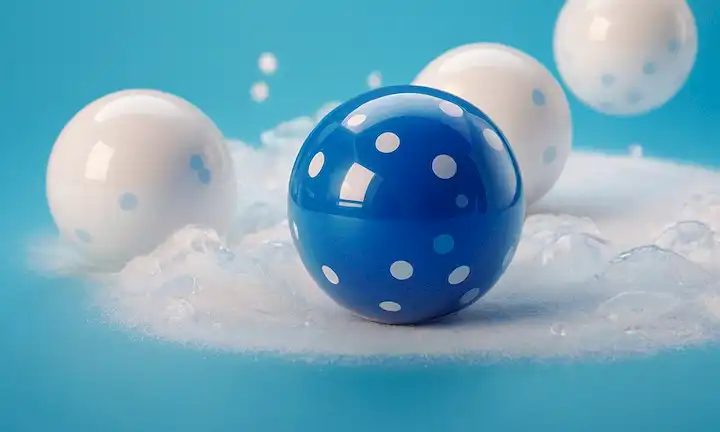 6 bolas con números repetidos, girando alrededor de un fondo azul brillante y blanco, con sutil afeitado para crear profundidad, superpuesto con líneas de rejilla débiles, y rodeado de puntos blancos dispersos que parecen burbujas, transportando un sentido del caos y la confusión