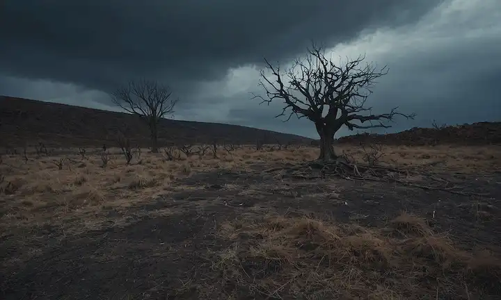 Una criatura sin corazón en medio de un paisaje desolado, plantas marchitadas y árboles desnudos, sombras lejanas en el suelo, un cielo tormentoso distante, un aire de amenaza preponderante, un toque de secretos antiguos a la espera