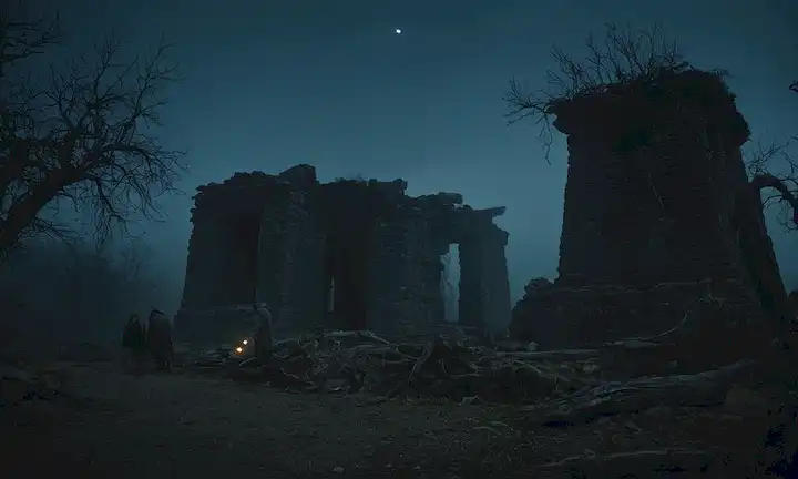 3 figuras en una isla remota, niebla extraña, ojos brillantes, ruinas antiguas, artefactos misteriosos, cielos oscuros, luz de luna débil, árboles retorcidos, maquinaria abandonada