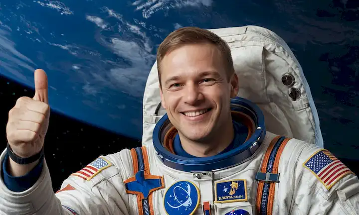 Representación 3D de un astronauta sonriente en un traje de espacio ruso, flotando frente a un planeta azul Tierra, con estrellas y galaxias borrosas en el fondo, usando un parche de misión en su manga, dando un gesto de pulgar hacia arriba