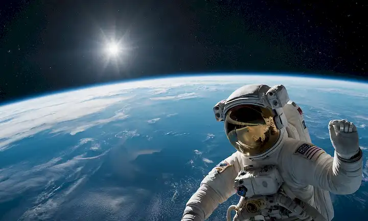 3D rendering of Earth, space station orbiting around it, astronaut figure in spaceuit, background stars and galaxies, ligero brillo azul para representar cosmos, sutiles toques de nubes en la superficie de planetas, sentido de profundidad y dimensionalidad, colores vibrantes y texturas realistas, sin bordes duros o abruptas transiciones