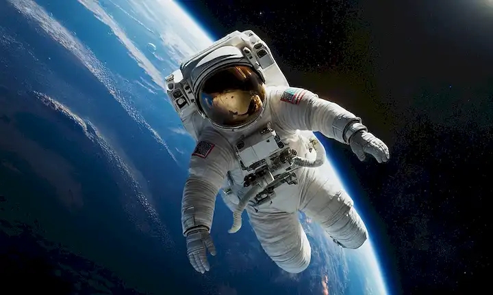 Un astronauta sonriente en un traje, flotando en un vasto espacio azul con estrellas y planetas en el fondo, rodeado de bengalas solares o galaxias, con un efecto gradiente sutil para representar la curva de la Tierra, y una pista de una nave espacial o módulo en la esquina