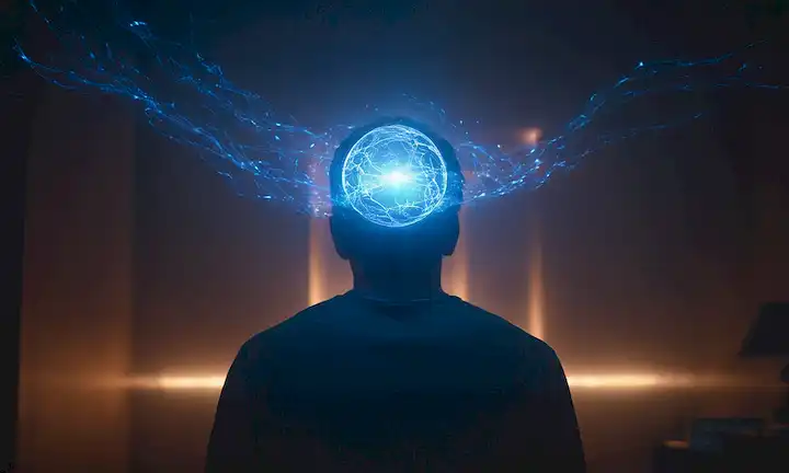 Una persona rodeada de una nube de luz azul, una orbe resplandeciente sobre su cabeza, con grietas sutiles en el aire alrededor de ellos, un campo de energía débil, tendriles brillantes que se extienden desde su cuerpo, partículas brillantes flotando cerca, un resplandor etéreo emanando de sus palmas