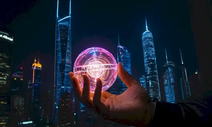 Una persona que sostiene un misterioso orbe brillante, rodeado de un vórtice de energía, en medio de un paisaje urbano oscuro con luces de neón y rascacielos futuristas, con sombras lanzadas por fuerzas invisibles, insinuando una presencia de otro mundo