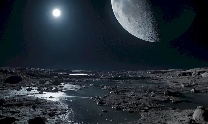 nave espacial 3D, superficie lunar, aves osprey, astronautas en trajes espaciales, ondas de agua, cráteres de luna, estrellas y planetas visibles en el cielo nocturno, efectos de iluminación dramático