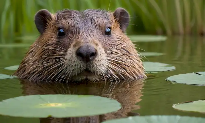 Una vista de cerca de una cara de castores, con una expresión determinada, rodeada de vegetación exuberante, como cañas o colas de gato; un sereno fondo lago con unos pocos lirios de agua; un sutil indicio de niebla en la distancia; una sombra débil que sugiere una cueva oculta o pasaje bajo el agua