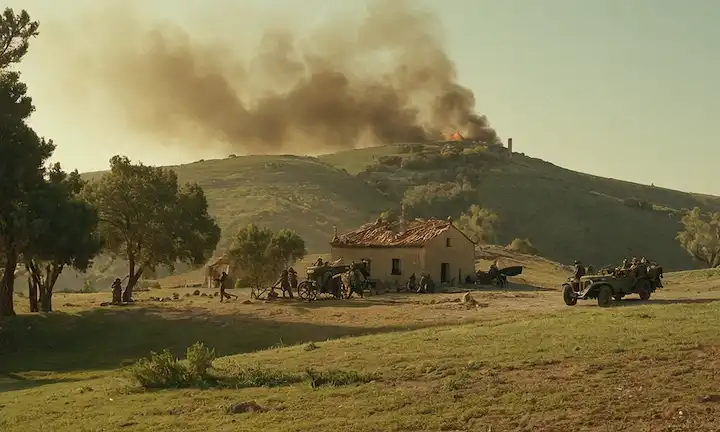 1937 Paisaje español con granja dañada, árbol roto y equipo militar abandonado, figuras de soldados que huyen en el fondo, humo subiendo de la colina cercana, ondas sonoras que emanan del lugar de impacto