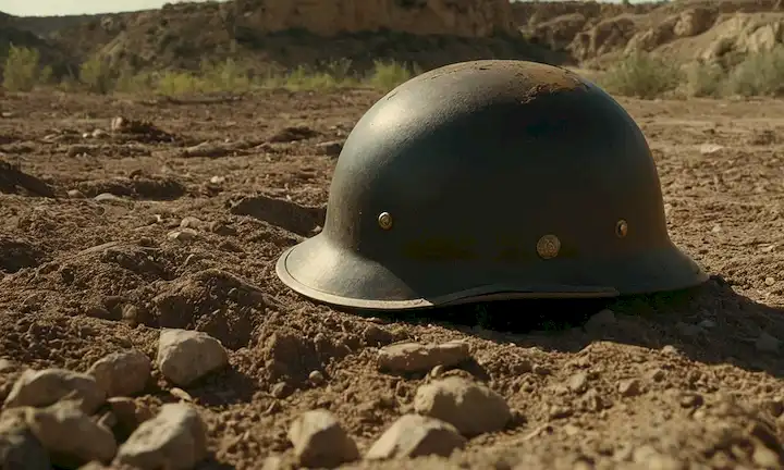 1920s España, paisaje devastado por la guerra, vidrio destrozado, una sola bala, suelo manchado de sangre, un casco de soldados, un esbozo débil de una persona acostada, un ambiente encendido, sombras y siluetas, un sentido de tragedia