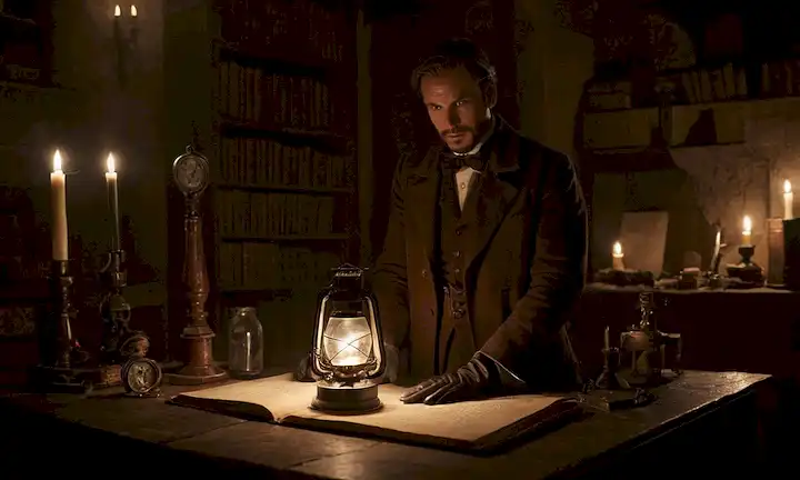 Científico del siglo XIX en un laboratorio encendido, rodeado de tomes antiguas y misteriosos artefactos, con un toque de una oscura noche tormentosa afuera, guantes de cuero usados agarrando una linterna antigua, sombras bailando a través de las paredes, y una lencería débil que emana de la configuración del experimento