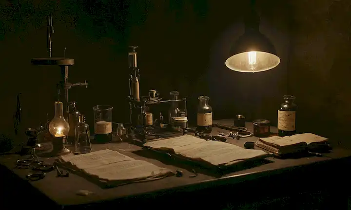 Doctor del siglo XIX en un cuarto de operaciones muy iluminado, rodeado de equipo misterioso, sombras extrañas en paredes, luz de vela débil, viejos textos médicos esparcidos alrededor, herramientas quirúrgicas puestas, pacientes mesita de noche con botella vacía y frascos rotos, fondo oscuro, indicio de locura