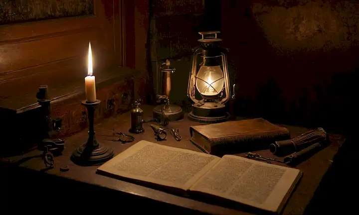 Una habitación muy iluminada, antiguo escritorio de madera, luz de vela estrepitosa, sombras misteriosas, un ligero indicio de humo, libro de cuero usado, herramientas médicas antiguas, ropa de época victoriana, mecanismos de relojería intrincados, compartimentos ocultos, conocimiento prohibido, susurros en la oscuridad, sudor frío goteo, recuerdos olvidados