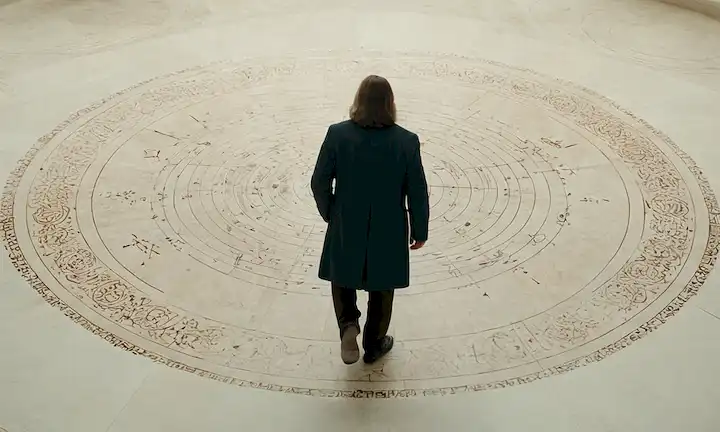 Matemático del siglo XVII Pierre Fermat caminando hacia un fondo blanco con un esbozo débil de un espiral número primo, rodeado de sutiles formas geométricas y curvas, con toques de manuscritos antiguos y pergaminos en las sombras