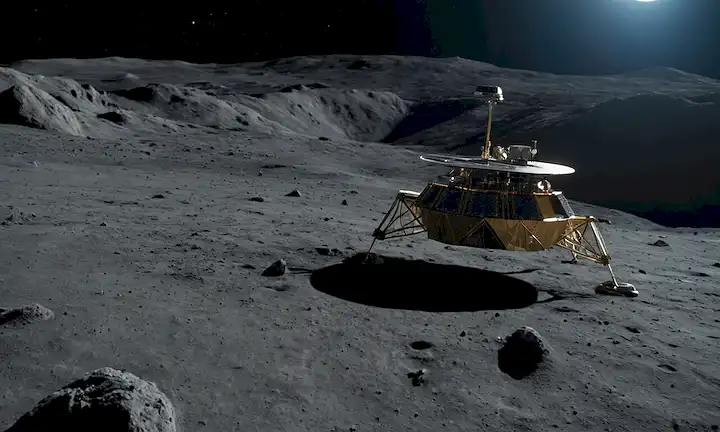 Paisaje lunar 3D con una nave espacial en órbita, un módulo de aterrizaje descendiendo hacia la superficie, cráteres y rocas dispersas, horizonte lunas curvadas, cielo nocturno con estrellas brillantes, Tierra visible como un punto azul distante