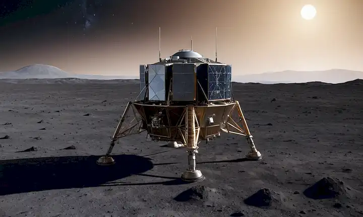 ilustración 3D de un módulo lunar de lavanda, rodeado de una Tierra débil en el fondo, con nubes brillantes y un cielo estrellado distante, que representa un exitoso o fallido intento de reingreso en la superficie de las Lunas