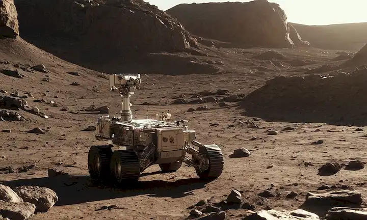 nave espacial 3D, superficie lunar, subiendo el sol, Tierra a distancia, cráteres, rocas, terreno polvoriento, astronautas reflexión, brazo robótico, módulo de mal funcionamiento, caos, desarray