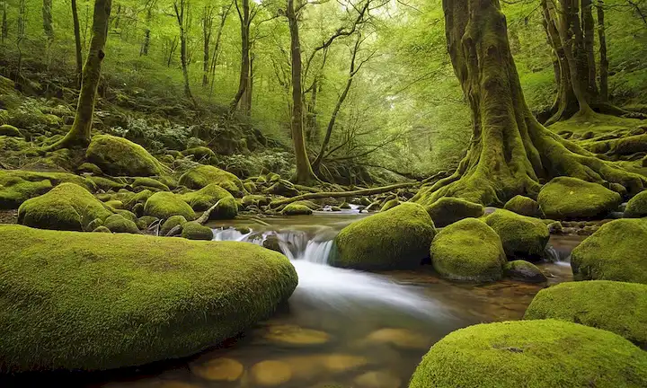 Un entorno natural sereno con un frondoso fondo de bosque verde