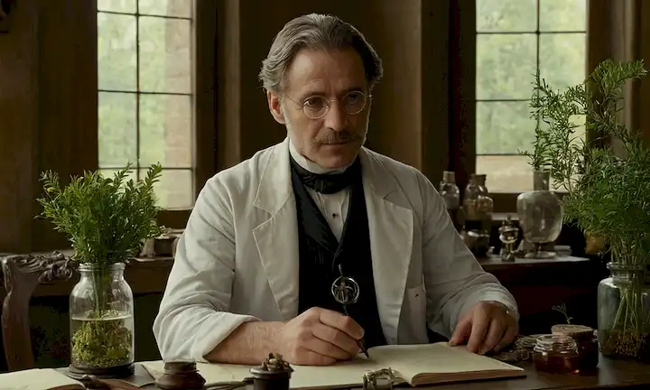Médico del siglo XIX, Jacques-Joseph Moreau, sentado en un escritorio, rodeado de artefactos medicinales, sosteniendo un pequeño frasco de vidrio con una sustancia similar a la planta, ambiente relajado y tranquilo, luz sutil filtrando a través de una ventana, colores cálidos, toque de configuración natural