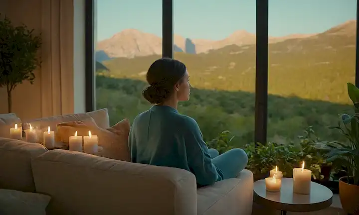 ilustración 3D de una persona sentada en un sofá, con una expresión tranquila, rodeada de elementos calmantes como velas, plantas e iluminación suave; un toque sutil de un paisaje de montaña en el fondo; colores relajantes como azul, verde y beige; un sentido de serenidad y tranquilidad