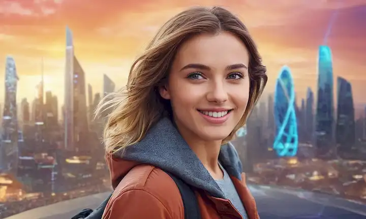 ilustración 3D de un joven sonriente con ojos brillantes, de pie frente a un futurista paisaje urbano, rodeado de colores giratorios y efectos de brillo sutil, con formas abstractas que parecen ADN o moléculas que se mueven cerca de los sujetos cuerpo