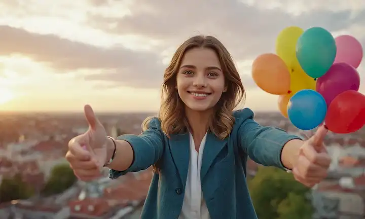 2 manos sosteniendo pequeñas píldoras, sonriente mujer con ojos brillantes y brazos abiertos, paisaje urbano al atardecer con nubes esperanzadoras, una joven jugando con globos coloridos, equipo de laboratorio en el fondo, un médico borroso dando un pulgar hacia arriba, un grupo de niños felices jugando etiqueta