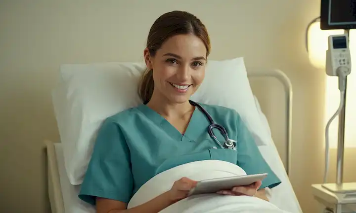 Una sonrisa esperanzadora, una cama hospitalaria, una mirada aliviada, una mano suave que sostiene una pequeña tableta, un fondo de equipo médico, luz suave, colores calmantes, un sentido de serenidad, un toque de alegría, un símbolo de recuperación