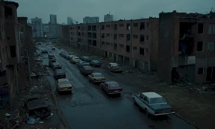 Un paisaje urbano oscurecido, una ciudad en desarre, con coches y edificios abandonados, gente huyendo a la distancia, una pista de caos y pánico, sombras acechando a la vuelta de las esquinas, silencio extraño roto por sonidos distantes