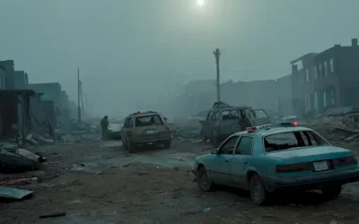 Un paisaje urbano oscuro y ominoso con coches abandonados volcados