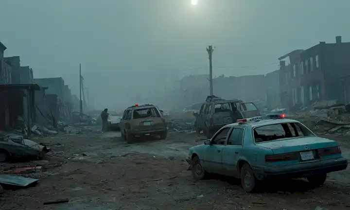 Un paisaje urbano oscuro y ominoso con coches abandonados volcados