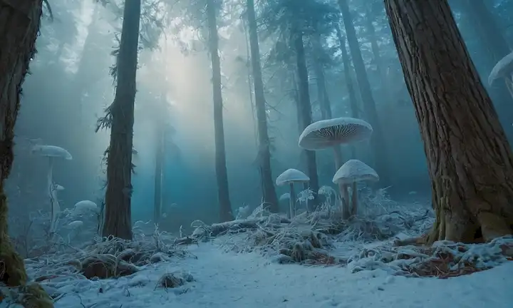 fondo azul helada, niebla lencería, bosque antiguo, orbes brillantes, tendriles brillantes, silencio extraño, cristales helados, setas gigantes, árboles esqueléticos, sombras preponderantes, paisaje oscuro, y un sentido débil de la inquietud