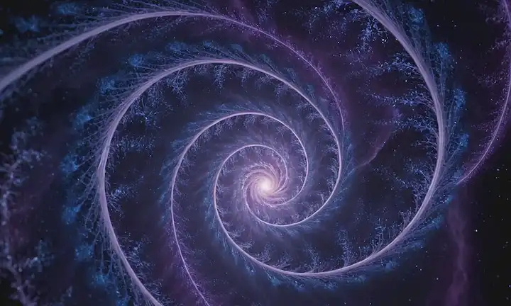ilustración 3D de una molécula en forma de espiral rodeada de tendriles wispy, nubes agitadas de tonalidades azules y púrpuras, y delicados filamentos que se conectan a un eje central, con patrones y formas intrincadas emergentes de su núcleo