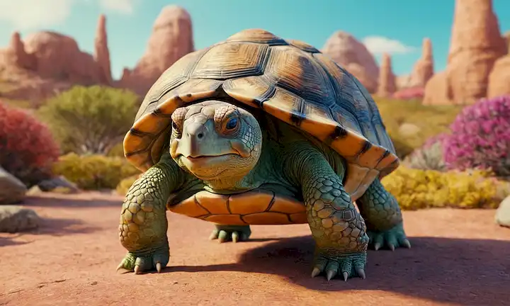 ilustración 3D, estilo de dibujos animados, criatura fantástica, ser antropomorfo como la tortuga, colores caprichosos, expresión facial expresiva, detalles intrincados, fondo vibrante, atmósfera lúdica, formas abstractas, entorno surreal
