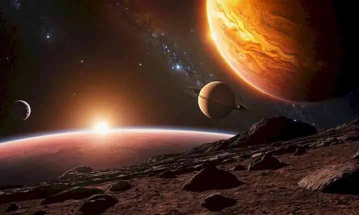 ilustración 3D, cuerpos celestes orbitando Sol, nuevos planetas con características únicas, Tierra en fondo, colores vibrantes, estrellas gemelas, gigante de gas en primer plano, detalles de la superficie rocosa, escena cósmica, exploración del sistema solar