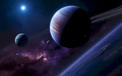 gigantes de gas orbitando un vibrante fondo azul-purple