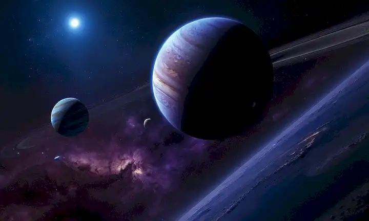 gigantes de gas orbitando un vibrante fondo azul-purple