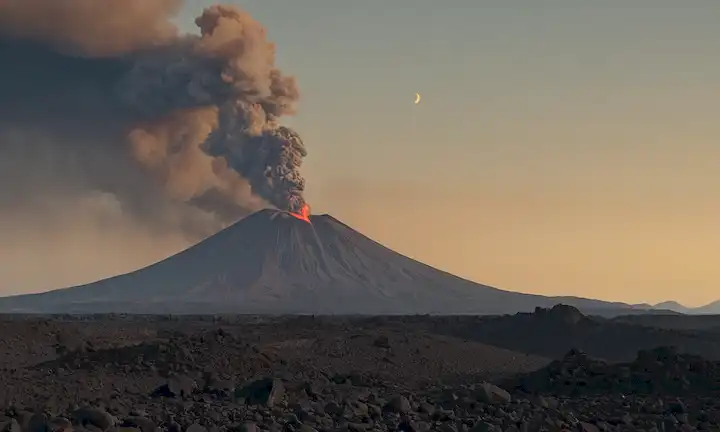 Un paisaje dramático con un volcán en primer plano, nubes de humo o ceniza que se elevan al aire, una luna crescente arriba, una cadena de isla distante en el horizonte, rocas volcánicas y lava fluye visible en la base de la montaña, iluminación sutil con tonos de marrón, gris y naranja