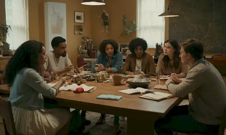 Un grupo de individuos diversos se reunieron alrededor de una mesa, rodeado de objetos cotidianos, con expresiones que van desde la curiosidad hasta el escepticismo, en medio de un ruido de fondo sutil, simbolizando el pensamiento colectivo, la relevancia cultural y la investigación intelectual