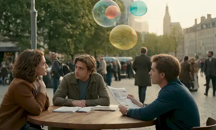 Un grupo de personas en conversación, un paisaje urbano en el fondo, una persona que se ve reflexiva, una burbuja de idea sobre la cabeza de alguien, un libro o un periódico sobre una mesa, una pista de un mapa de la ciudad, un sutil gradiente de luz y sombra, colores tranquilos, un sentido de introspección