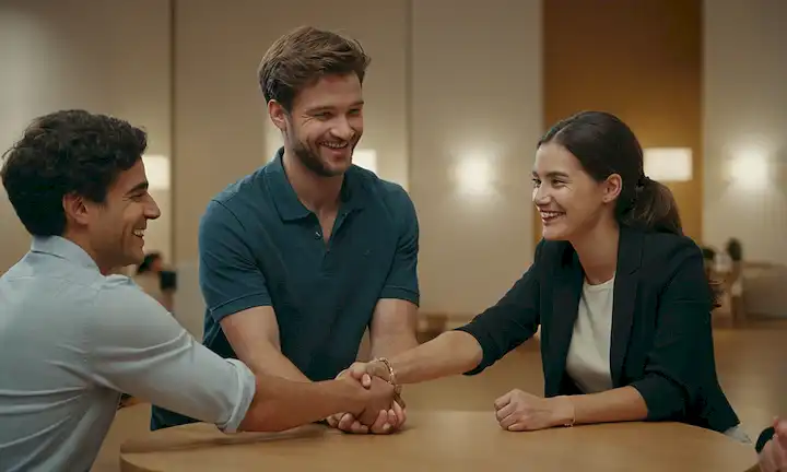 2-3 figuras en un círculo, apretones de manos y guiones de comprensión, iluminación sutil con tonos cálidos, enfoque suave, personas de diferentes orígenes y edades, sonriendo y comprometido, sin líder claro, atmósfera colaborativa, gestos suaves de conversación