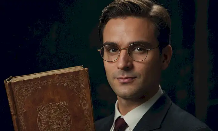 Un retrato formal con una expresión seria, un fondo oscuro, una mano sosteniendo un libro antiguo, un par de lentes encaramados en la nariz, una mirada severa dirigida al espectador, un toque de una sonrisa jugando alrededor de los labios