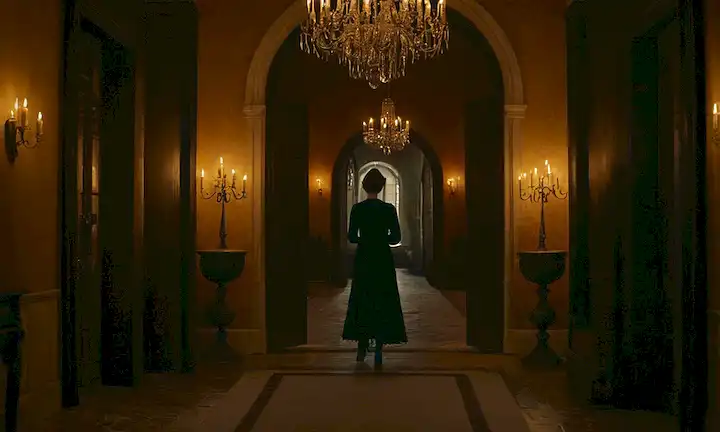 Una lujosa mansión con una gran entrada, un toque de arquitectura española, un interior encendido con velas y sombras, una figura que se acecha en el fondo, un sentido de misterio e intriga, colores oscuros dominando la escena, un sutil juego de luz en las paredes