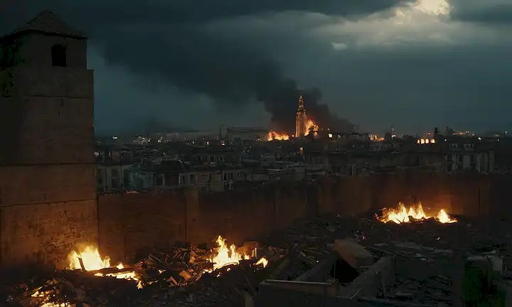 un cielo oscurecido, las manos del reloj apuntando a las 12 en punto, llamas envolviendo un paisaje urbano, ruinas apocalípticas en el fondo, un sentido de precipicio e inminente doom