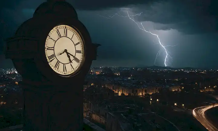Un fondo oscuro y ominoso con una enorme cara de reloj que se avecina en primer plano, sus manos se mueven rápidamente hacia un tiempo específico, un paisaje urbano o paisaje en ruinas en la distancia, flashes de relámpago iluminando la escena, un sentido de inminente doom emana de la imagen