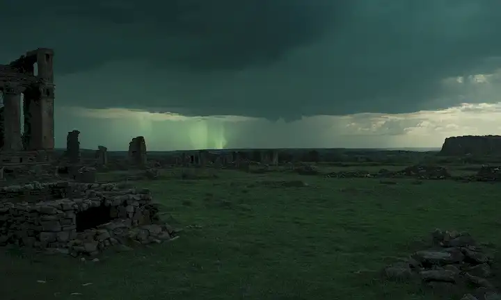 Un cielo oscuro con una cara de reloj débil, una sombra ominosa que se avecina un paisaje grande y apocalíptico con ruinas desmoronadas, un resplandor verde en la distancia, sutiles toques de caos y destrucción