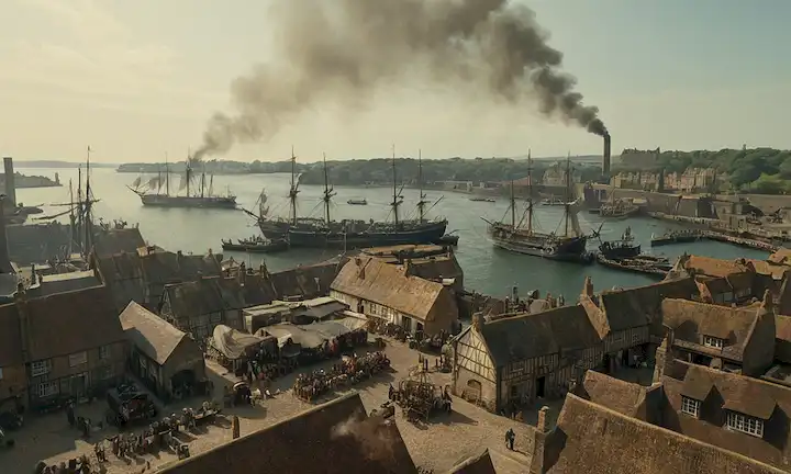 Paisaje británico del siglo XVIII con fábricas a distancia, barcos navegando por la costa, trabajadores construyendo ferrocarriles, barcos mercantes en el puerto, un bullicioso mercado con bienes coloniales en exhibición, y un prominente edificio industrial que emite humo